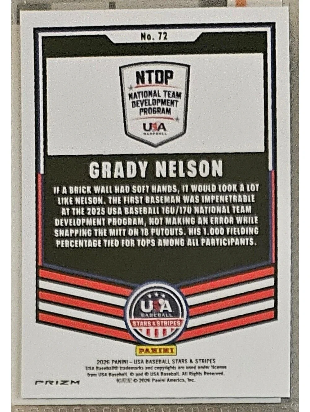 2026 Panini Stars & Stripes Prizm USA Baseball #72 - Grady Nelson